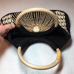 LIKE NEW Silk Purse Black w/Beads, Cowrie Shells Wooden Handle Handbag 11.5"x 8"